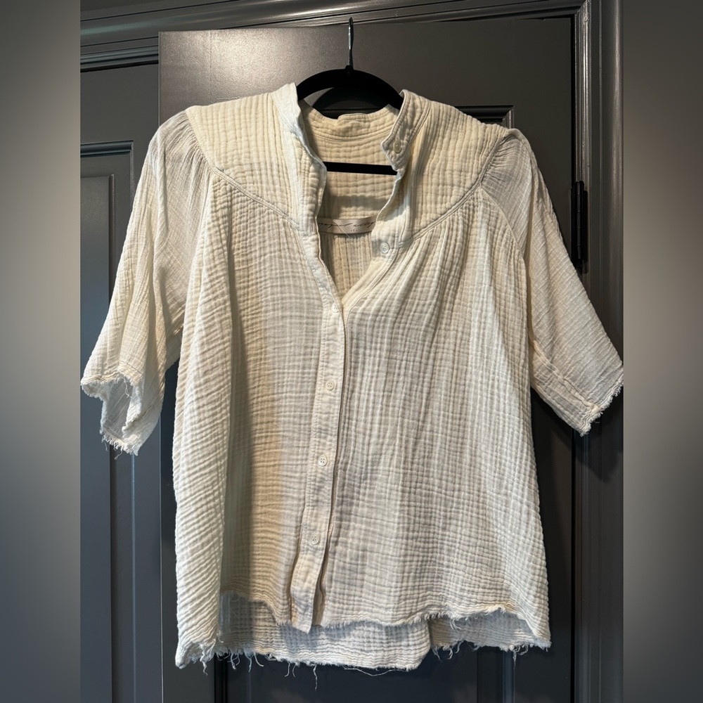 Womens Raquel Allegra Cream Gauzy Raw Hem Button-Up Shirt Blouse Top 1 US/S *